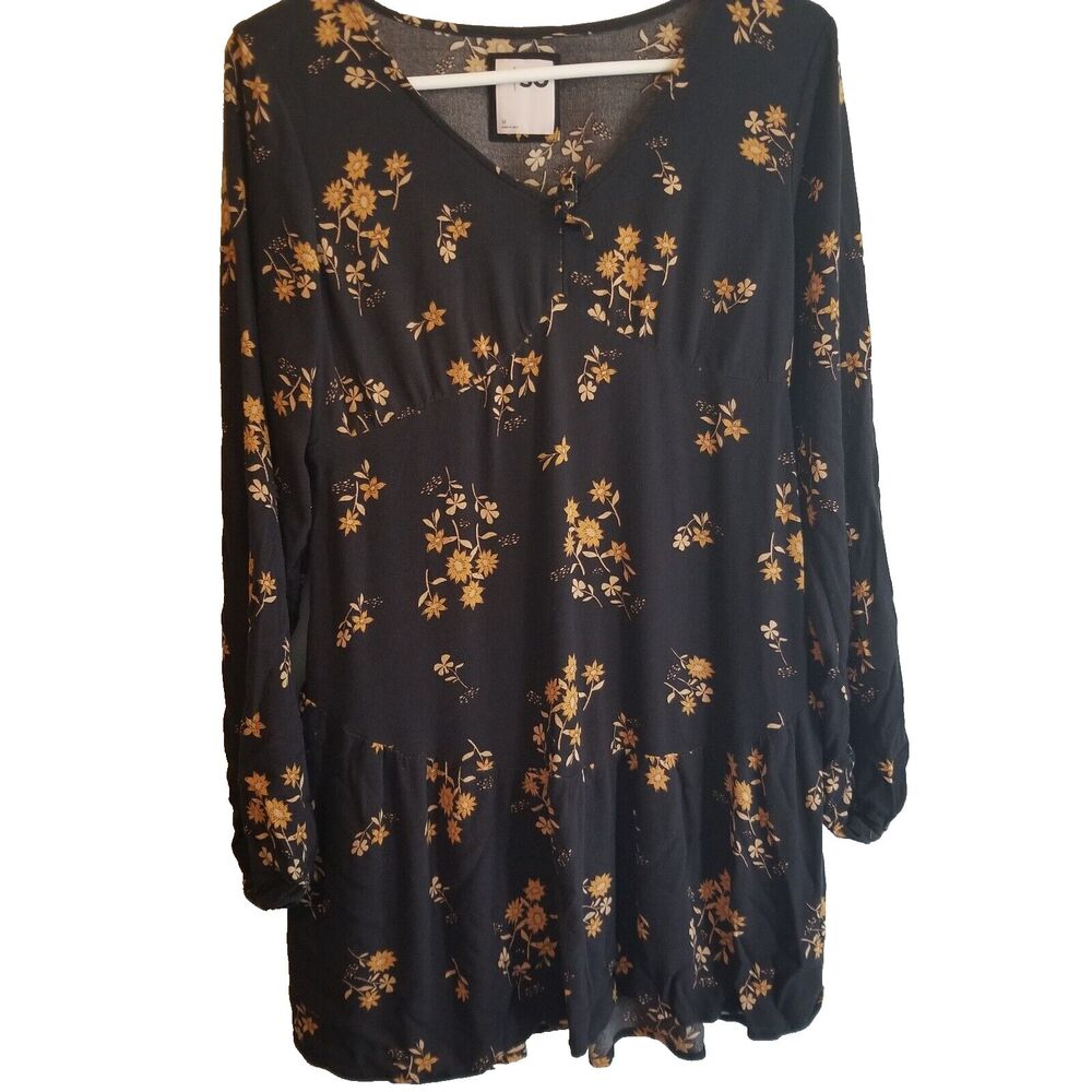 SO Long Sleeve Black Floral Dress Womens Size M Boho V Neck